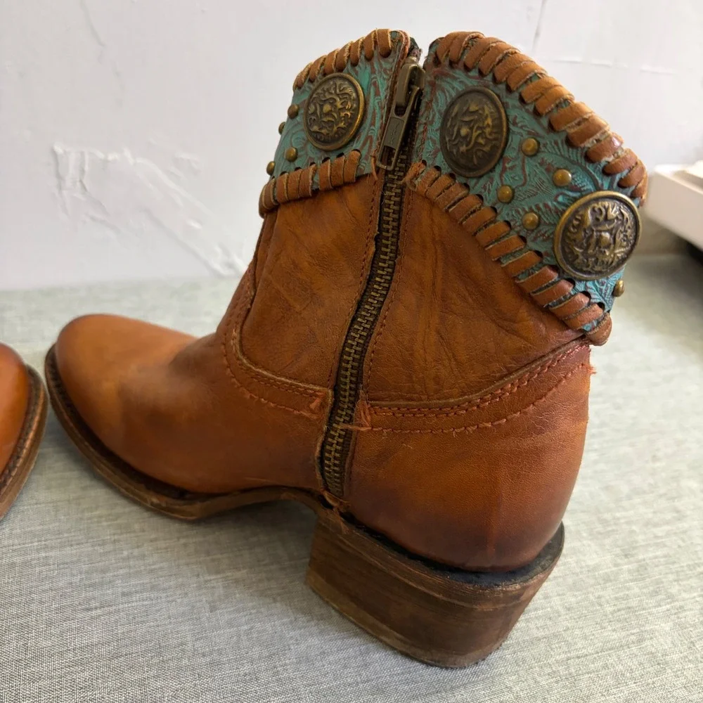 Corral Ankle Boots Women 5.5 Tan Turquoise‎ A3196 Fringe Concho Western Booties